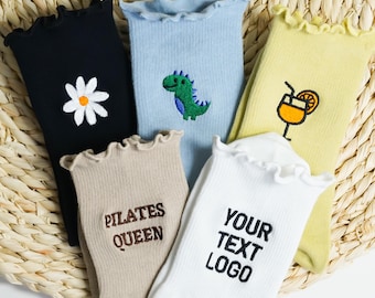 Custom Pilates Socks with Ruffled Edge, Embroidered Logo Non-Slip Yoga Sock, Pilates Studio Gift