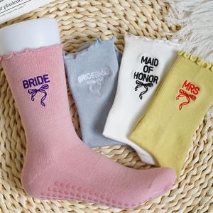 Ruffle Yoga Socks with Custom Bridesmaid, Personalized Pilates Socks, Women Cotton Socks, Wedding Gift, Bachelorette Party Favors