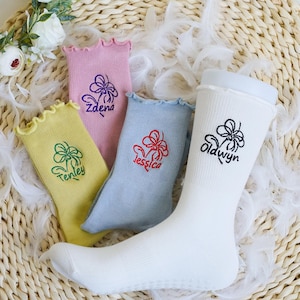 Ruffle Yoga Socks with Custom Name, Personalized Flower Pilates Socks, Women Cotton Socks,   Wedding Party Favor, Gift for Bridesmaid
