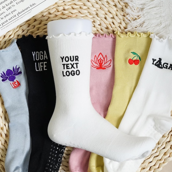 Custom Ruffle Yoga Socks with Text Logo, Embroidered Pilates Socks