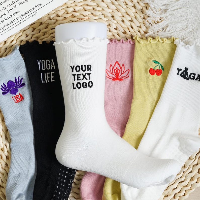 Custom Ruffle Yoga Socks with Text Logo, Embroidered Pilates Socks image 1