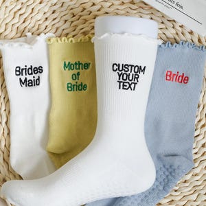 Custom Wedding Ruffle Pilates Socks,  Embroidered Bridal Party Gift, Yoga Lover Gift