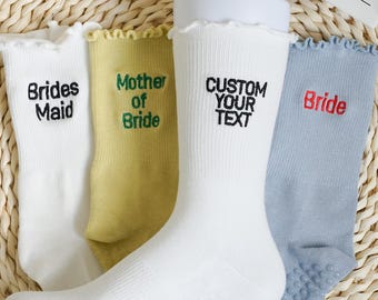 Custom Wedding Ruffle Pilates Socks,  Embroidered Bridal Party Gift, Yoga Lover Gift