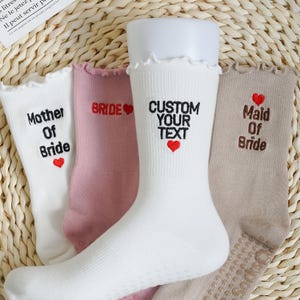 Custom Bridesmaid Ruffle Yoga Socks, Personalised Pilates Socks, Cotton Women Socks, Wedding Party Gift, Bachelorette Party Favors
