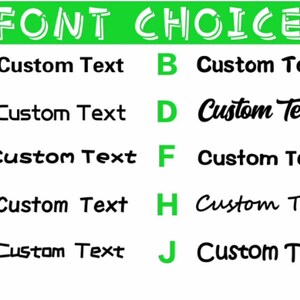 May include: A chart with the letters A through J, each with a different font style. The text below each letter says "Custom Text".