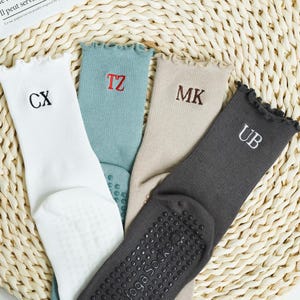 Custom Initial Ruffle Pilates Socks, Embroidered on Back Women Grip Socks, Yoga Lover Gift