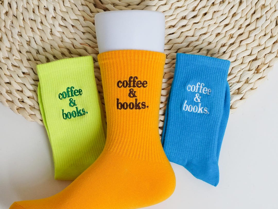 Embroidered Coffee & Books Crew Socks, Unisex Cotton Casual Socks for ...