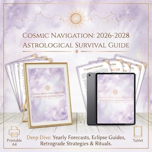 以下が含まれることがあります： 金色のフレームに入った印刷物とタブレットに「Cosmic Navigation: 2026-2028 Astrological Survival Guide」と表示されています。画像には、紙の束、タブレット、紫色の水彩画の背景の印刷物が含まれています。テキストには「Deep Dive: Yearly Forecasts, Eclipse Guides, Retrograde Strategies & Rituals」が含まれています。