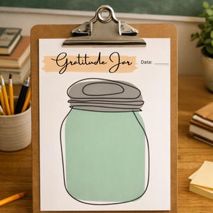 May include: A white paper sheet on a brown clipboard featuring the text Gratitude Jar and a date line. The design includes a light green jar illustration with a gray lid, set against a peach-colored horizontal brush stroke background.