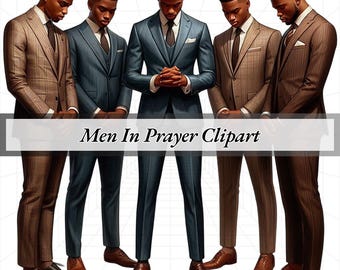 May include: Five men in suits stand in a circle with their heads bowed in prayer. The men are all wearing different coloured suits, including brown, blue, and grey. The image is titled "Men In Prayer Clipart".
