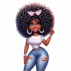 Clipart de menina bonita, clipart de boneca chibi, clipart de menina negra, clipart de menina curvilínea, clipart de menina jeans, clipart de garota chefe, clipart afro