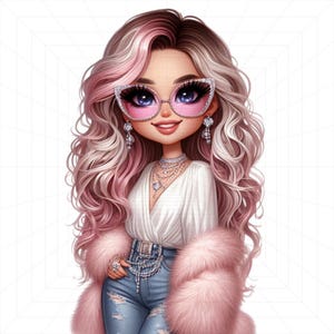 May include: Cartoon illustration of a woman with long, wavy, pink and blonde hair. She wears pink sunglasses, a white top, ripped blue jeans, a pink fur coat, and layered necklaces. She also has on earrings and rings.