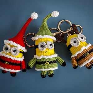 Crocheted Holiday Minions| Christmas tree ornament| Handmade Bag Charm| Amigurumi Car Pedant