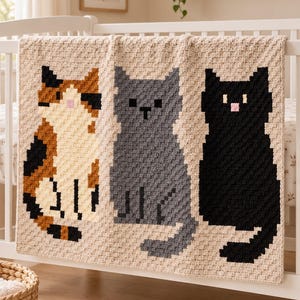 May include: A rectangular crochet blanket featuring a pixelated design of three sitting cats against a cream-colored background. The left cat is calico with orange, black, and white patches, the middle cat is solid gray, and the right cat is solid black.