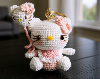 Crochet Kitty Cat Keychain | Kitty with balloon | Handmade Bag Charm| Amigurumi Car Pedant