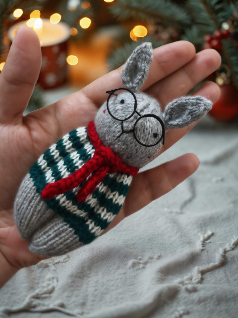 May include: A gray knitted bunny wearing a red and green striped sweater and black glasses. The bunny is being held in a hand.