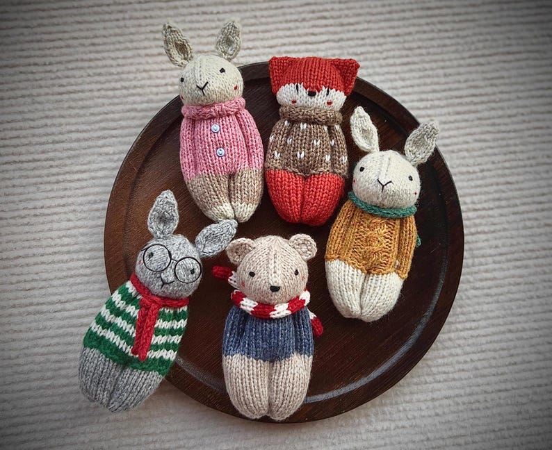 3.6 inch tall, wool knitted bunny and bear, as keychain, bag charm, or pocketpal