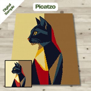 May include: A digital cross-stitch pattern featuring a black cat with a red, yellow, and brown geometric design. The pattern is labeled "Picatzo" and is a digital sample.