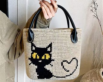 母の日ギフト：猫柄かぎ針編みトートバッグ、猫好きのおばあちゃんへの