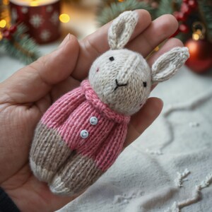 May include: A knitted bunny toy wearing a pink sweater with white buttons. The bunny is held in a hand against a white background.