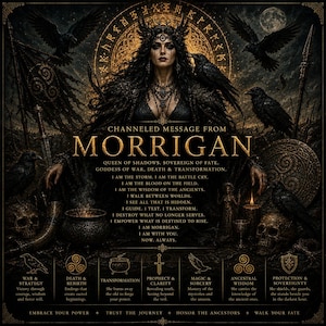 Peut inclure: Une affiche sombre et détaillée représentant une figure centrale incarnant Morrigan, entourée de corbeaux noirs, de crânes et d'un chaudron lumineux. Le texte indique : CHANNELED MESSAGE FROM MORRIGAN, QUEEN OF SHADOWS, SOVEREIGN OF FATE, GODDESS OF WAR.