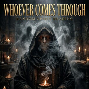 Pode incluir: Imagem de uma figura vestida com uma túnica com olhos brilhantes, envolta em fumaça, segurando uma tigela acesa. O texto "WHOEVER COMES THROUGH" e "RANDOM SPIRIT READING" é exibido. A cena se passa em uma sala escura com velas.
