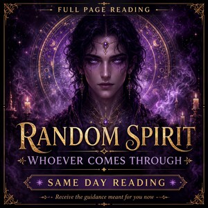 Peut inclure: Un graphique numérique représentant une personne aux cheveux sombres et aux yeux violets, ornée de bijoux dorés. Le texte indique : FULL PAGE READING, RANDOM SPIRIT, WHOEVER COMES THROUGH, SAME DAY READING, et Receive the guidance meant for you now.