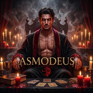 Può includere: Illustrazione di un uomo in una veste nera e rossa, seduto su un trono, con la parola "ASMODEUS" in lettere d'oro. La scena comprende candele, carte dei tarocchi e un libro su un tavolo. L'uomo ha tatuaggi e occhi luminosi.