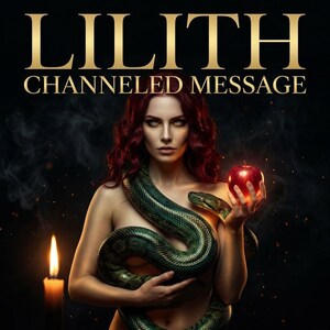 May include: A digital illustration featuring the text LILITH CHANNELED MESSAGE at the top. A figure with long red hair holds a glowing red apple, draped in a large green snake. A single lit candle stands on the left against a dark background.