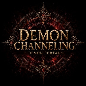 Könnte beinhalten: Ein dunkles Grafikdesign mit dem Text DEMON CHANNELING und DEMON PORTAL in metallisch goldener Schrift. Der Hintergrund ist ein schwarzes kreisförmiges Emblem mit komplizierten rot leuchtenden Mustern, Verzierungen und okkulten Symbolen.