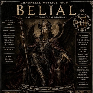 Puede incluir: Un póster de tonos oscuros con una figura central con cuernos, alas y corona, sosteniendo un báculo mientras está sentada en un trono. El texto dice Channeled Message From: Belial, As Depicted In The Ars Goetia, e incluye párrafos descriptivos, un sello circular y las palabras Pride, Deception, Wisdom, Power, Sovereignty en la parte inferior.