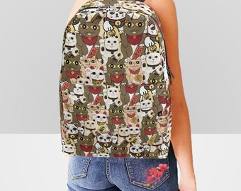 Maneko Neko Japanese Lucky Cats Pattern Backpack Classic Back To School Daily College Bag