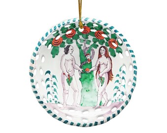 Rund keramisk julgransprydnad: Vintage gammal tallrik Adam och Eva religiös kristen julgransdekoration