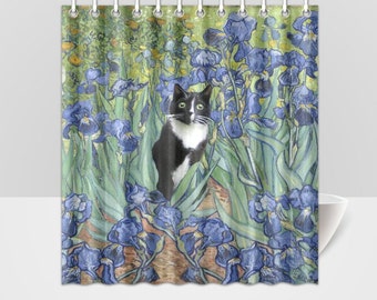 Gato de esmoquin blanco y negro en la cortina de ducha Iris de Van Gogh