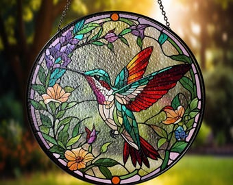 Atrapasol de vitral tradicional con colibrí y flores silvestres, ideal para colgar en la ventana o como decoración de pared. Un regalo perfecto para mujeres, ideal como regalo de cumpleaños o Navidad.