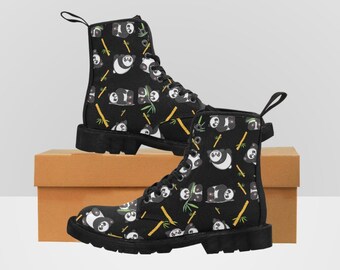 Boots for women,canvas boots,lace up boots,ankle boots,printed boots,vegan shoes, Black & White Panda Pattern