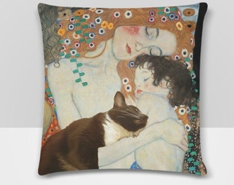 Mother and Child Gustav Klimt, Black and White Cat Sleeping Throw Cushion Pillow