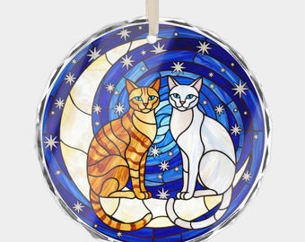 Adorno de cristal: Noche estrellada, luna, gatos jengibre y blancos