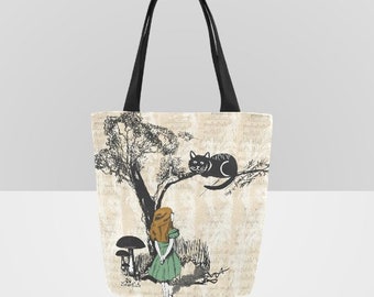 Alice in Wonderland and Cheshire Cat Canvas Tote Bag, eco-friendly shopping bag