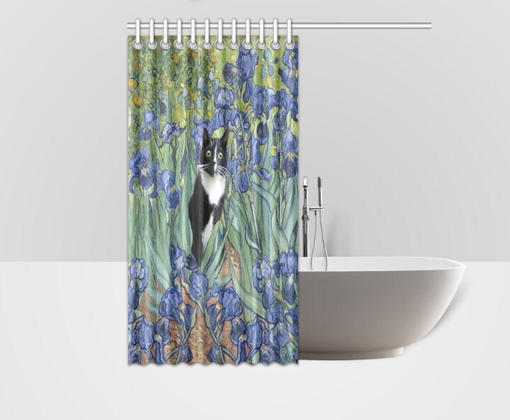 Black And White Tuxedo Cat In Van Gogh S Irises Shower Ireland Black And White Tuxedo Cat In Van Gogh, Van Gogh Irises Shower Curtain
