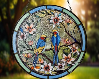 Chinoiserie fågelpar och blommor solfångare i målat glas, heminredning naturprydnad trädgård, födelsedagsjulklapp