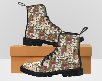 Womens boots,canvas boots,lace up boots,ankle boots,printed boots,vegan shoes, Maneki Neko Lucky Cat Boots, Japan Kawai