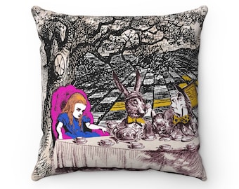 Alice In Wonderland and Mad Hatter's Tea Party Spun Polyester Square Pillow Throw Cushion Case