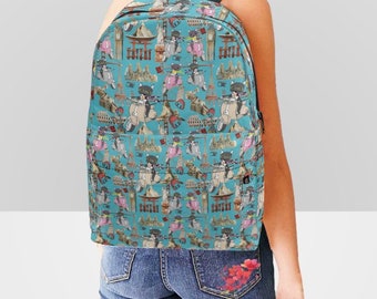 World Travelling Cats On Scooter Pattern Backpack Classic Back To School Daily College Bag