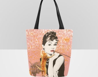 Audrey Hepburn Movie Star Orange Cat Canvas Tote Bag, Shopping Bag