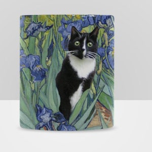 Tuxedo Cat in Van Gogh's Iris Field Mug Cute Cat Love Gift Tea Coffee Mug
