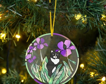 Adorno de iris de gato blanco y negro, adorno de naturaleza para decoración del hogar y el jardín, regalo de cumpleaños y Navidad, regalo para amantes de los gatos para mamá
