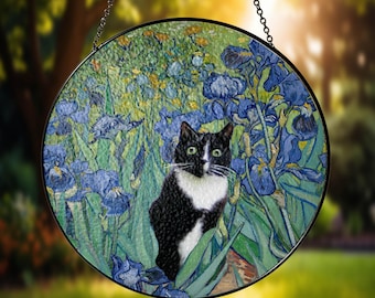 Gato esmoquin en un atrapasol estilo vitral de Van Gogh, adorno para ventana, regalo para mamá, regalo de Navidad, regalo para amantes de los gatos
