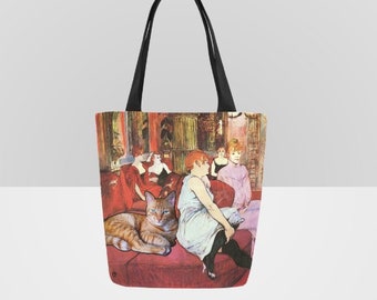 Ginger Cat in French Salon, Toulouse-Lautrec, rue des Moulins, Canvas Tote Bag, Shopping Bag