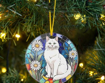 Adorno de gato blanco, regalo festivo, regalo para amantes de los gatos, regalo de Navidad y cumpleaños, regalo de Navidad para mascotas, retrato de mascota
